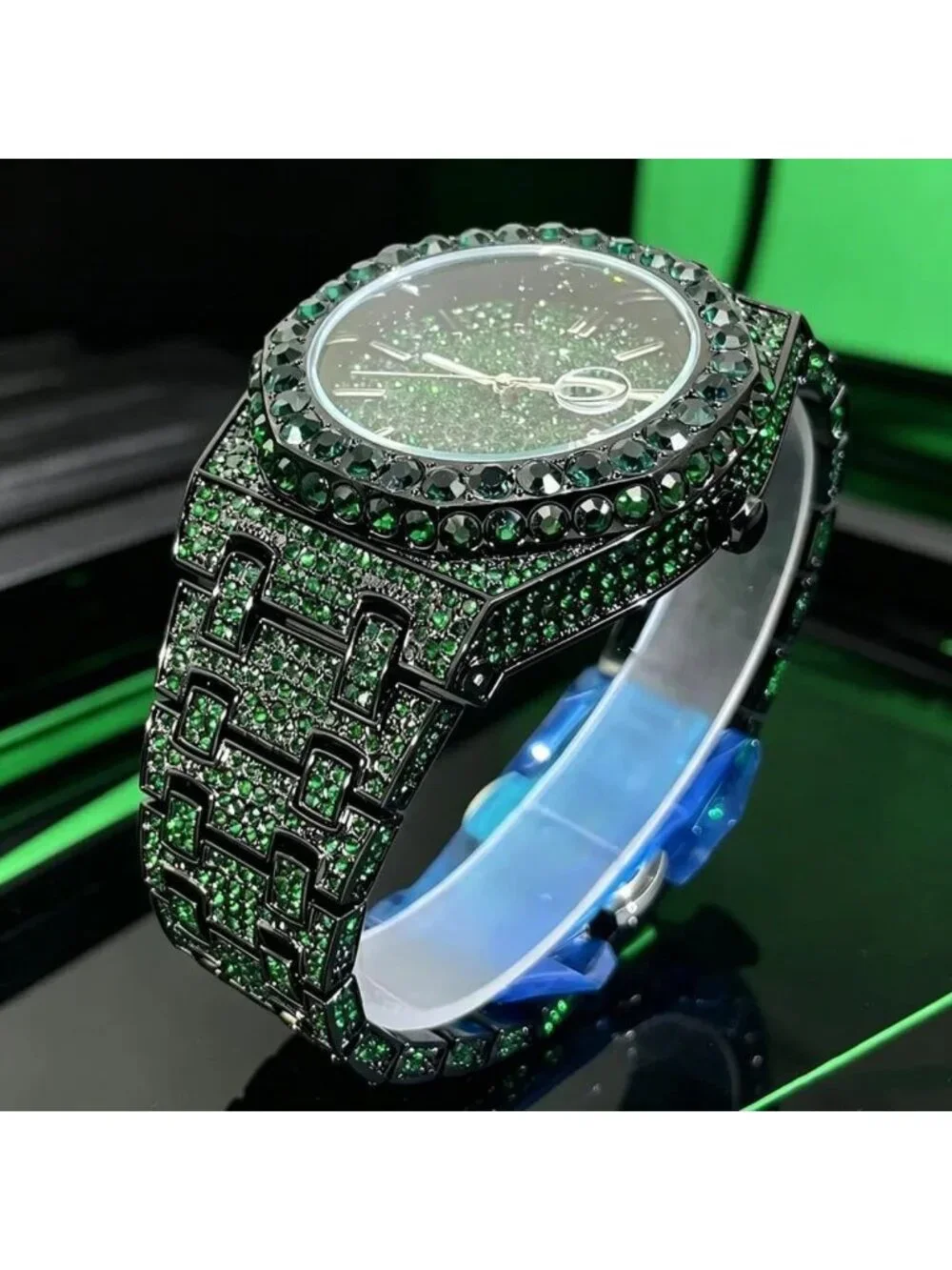 Trendy Black Quartz Men's Watch with Luminous Hands & Rhinestone Dial - Hip Hop